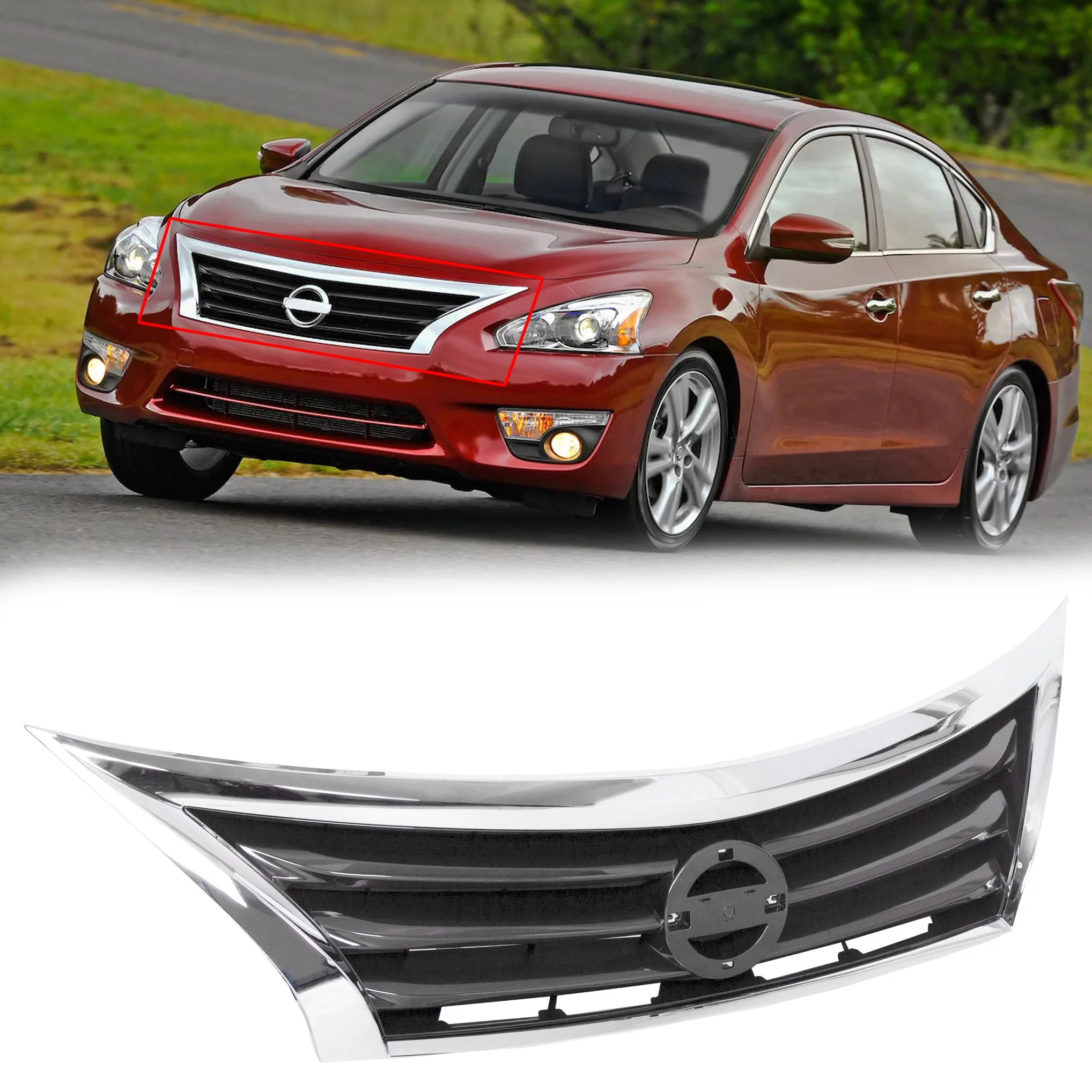 Kojem For 2013-2015 Nissan Altima Front Bumper Grille Upper Grill Assembly Chrome Trim