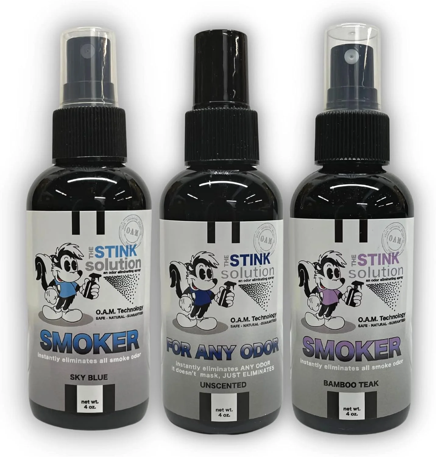 Smokers Odor Eliminating Spray Completely removes Smoke Odors. Three 4 oz bottles One Bamboo Teak, One new Sky Blue and one unscented.