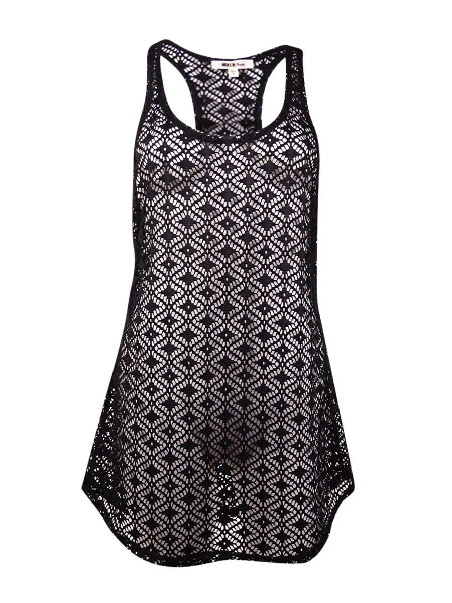 Miken Women's Crochet Lace Tank Dress Swim Cover-Up (XS, Black)