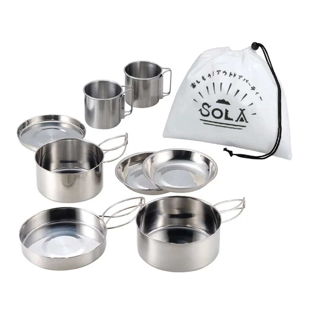 moobody Stainless Steel Cookware Set, 8pcs Stacking Pots for  Hiking and Camping, Non-stick Picnic Cooking Pot Kit
