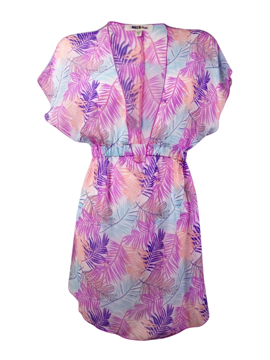 Miken Women's Fluttered Palm-Print Chiffon Swim Cover (M, White Pink Lilac)