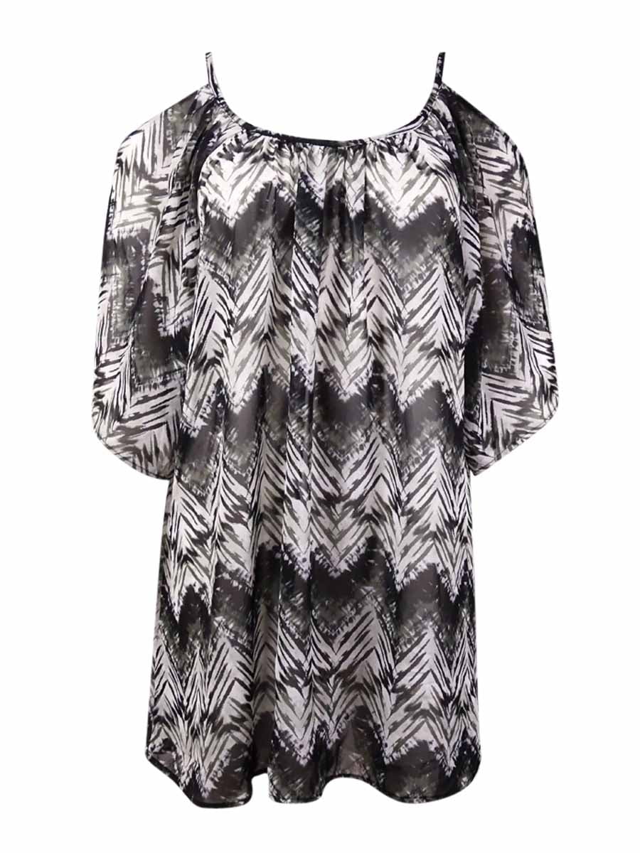 Miken Women's Ikat Print Cold-Shoulder Chiffon Dress Swim Cover-Up (M, Black/White)