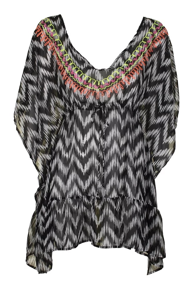 Miken Swim Black White Printed Embroidered V-Back Ruffled Cover-Up Tunic XL