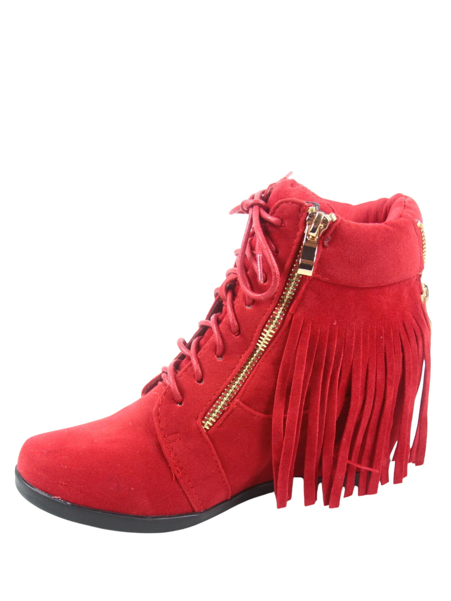 Glady-23 Women's Casual Fringe Ankle Booties Lace up Low Wedge Shoes ( Red, 5.5 )