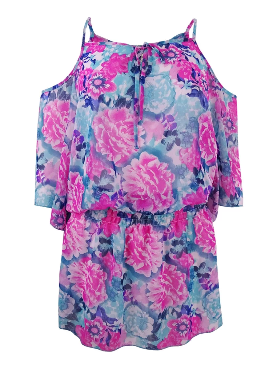 Miken Womens Floral-Print Cold-Shoulder Dress Swim Cover-Up (Pink Floral, L)