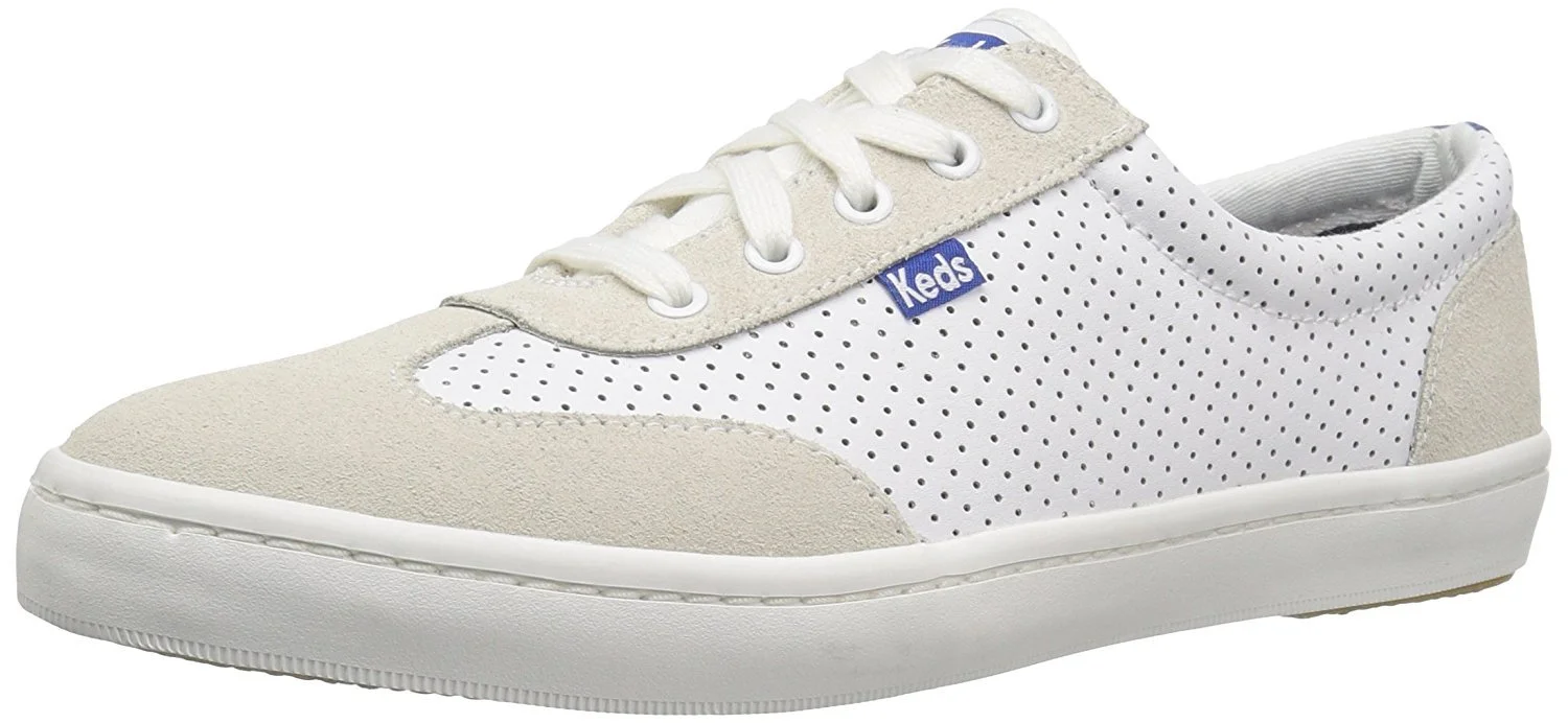 Keds Women's Tournament Retro Court Perf Leather Fashion Sneaker, White/Blue, 9 M US