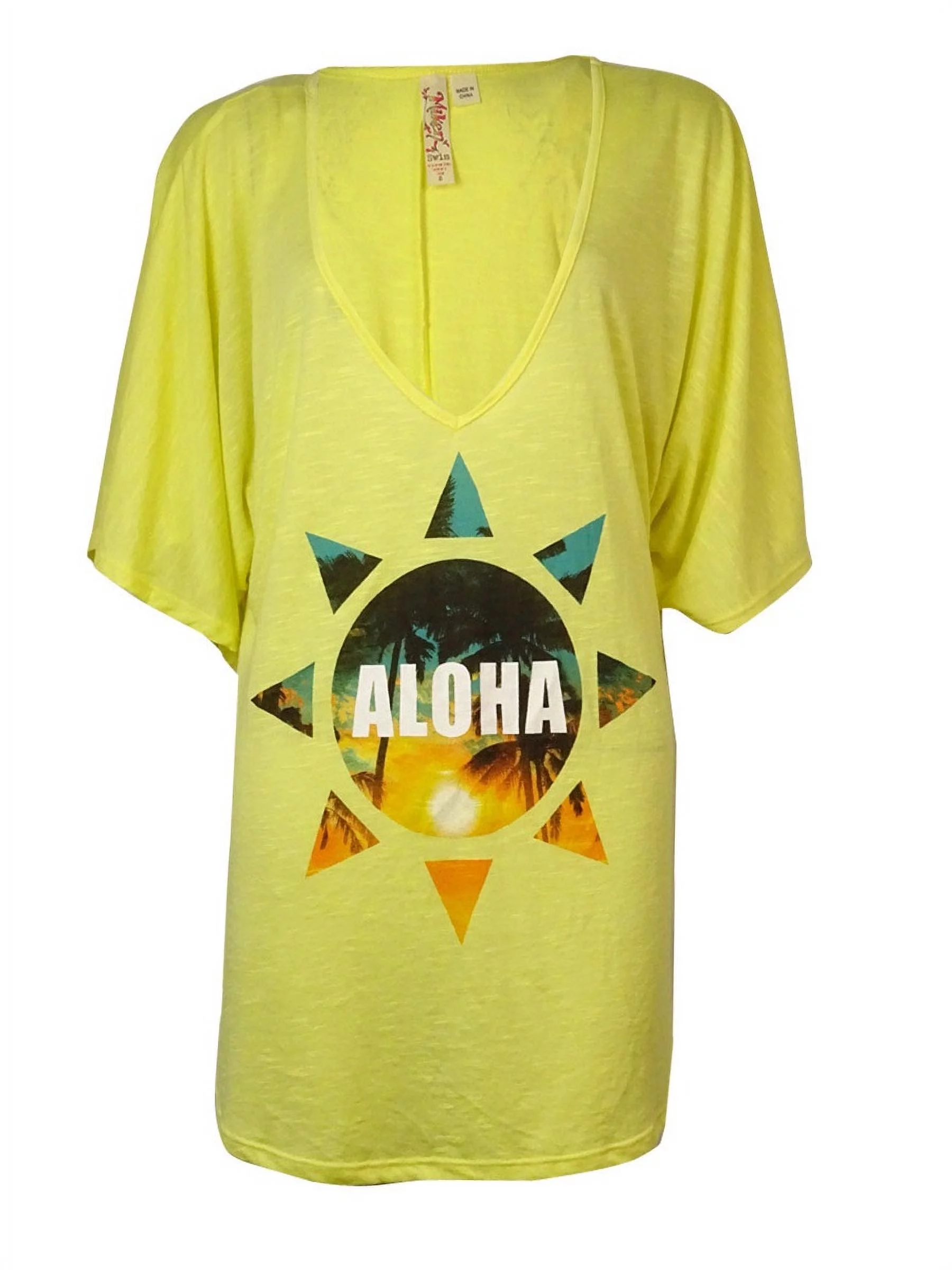 Miken Women's 'Aloha' Sun Oversized Tee Swim Top Cover-Up (XS, Yellow)