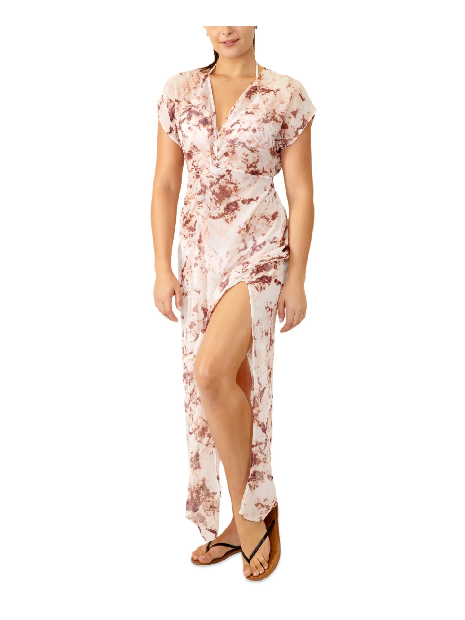 MIKEN Women's White Maxi Sheer Slit Surplice Twist Front Swimsuit Cover Up XS