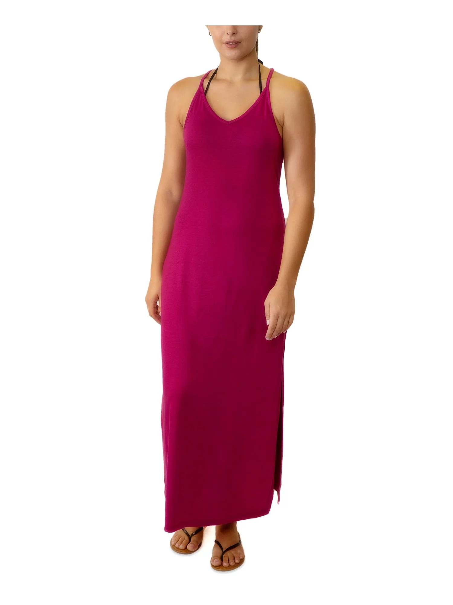 MIKEN Women's Purple Stretch Racerback Maxi Slit Adjustable Deep V Neck Swimsuit Cover Up M