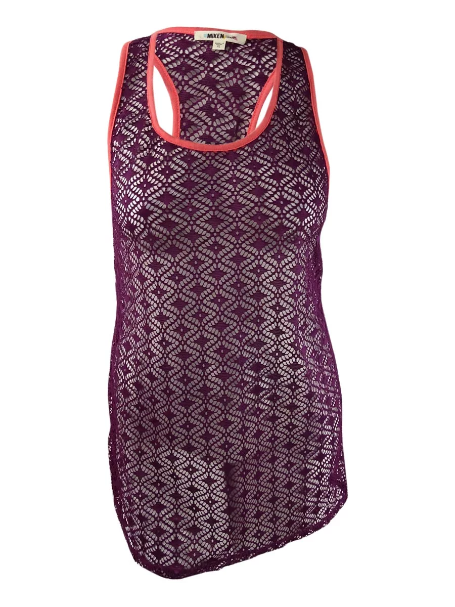 Miken Womens Crochet Racerback Dress Swim Cover-Up (Soft Coral, L)