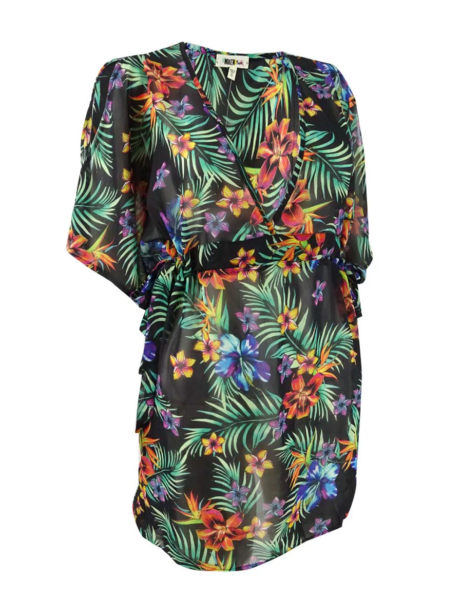 Miken Women's Printed Chiffon Dolman-Sleeve Dress Swim Cover-Up (S, Black/Pink)
