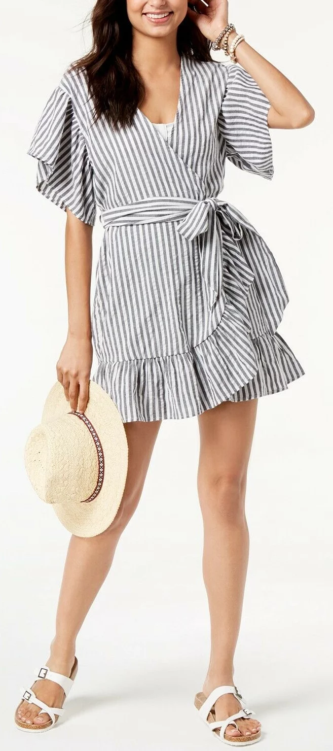Miken BLACK AND GREY Striped Wrap Swim Cover-up, US Small
