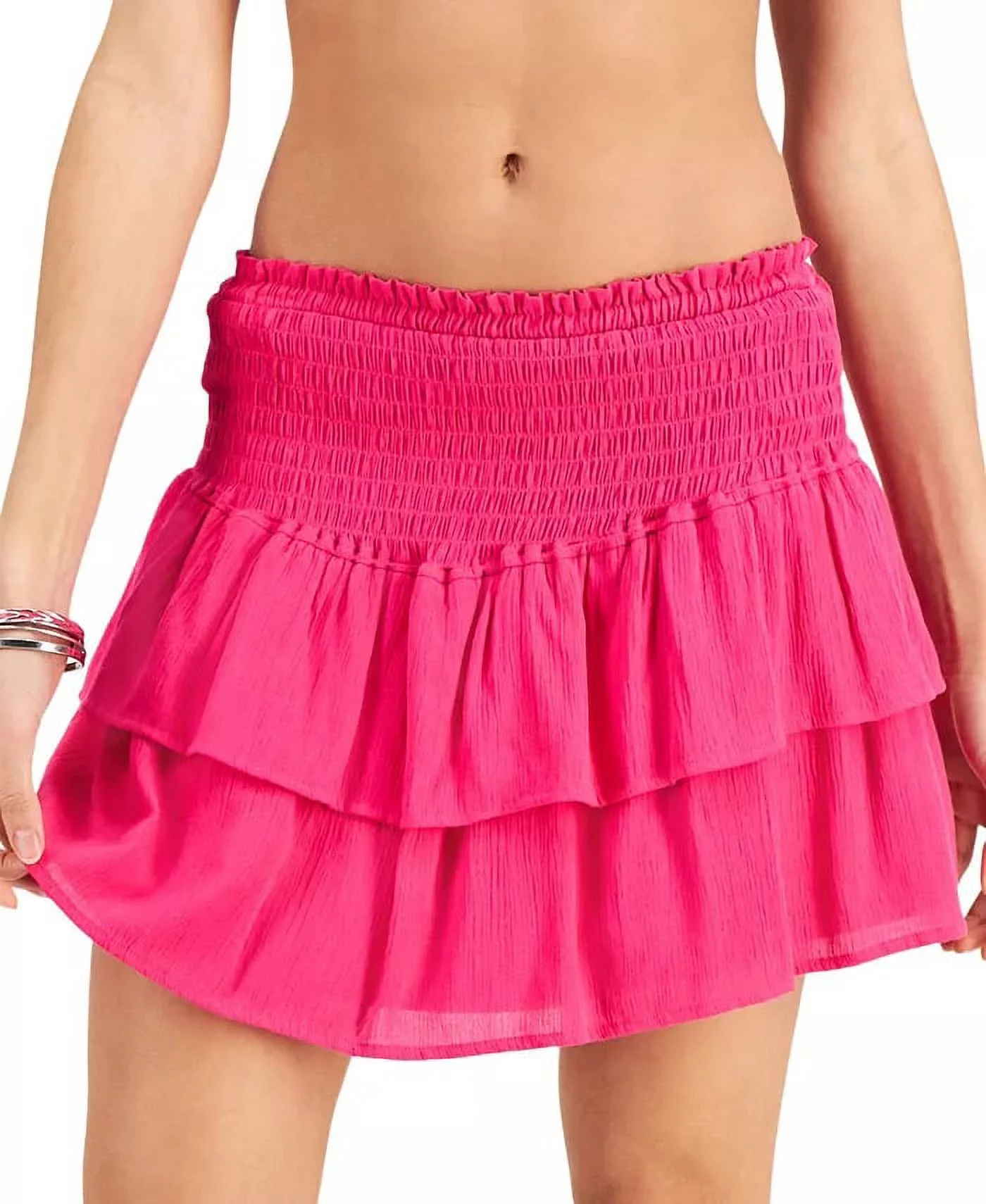 Miken BEETROOT PINK Juniors' Smocked Ruffled Skirt Swim Cover-up, US Large