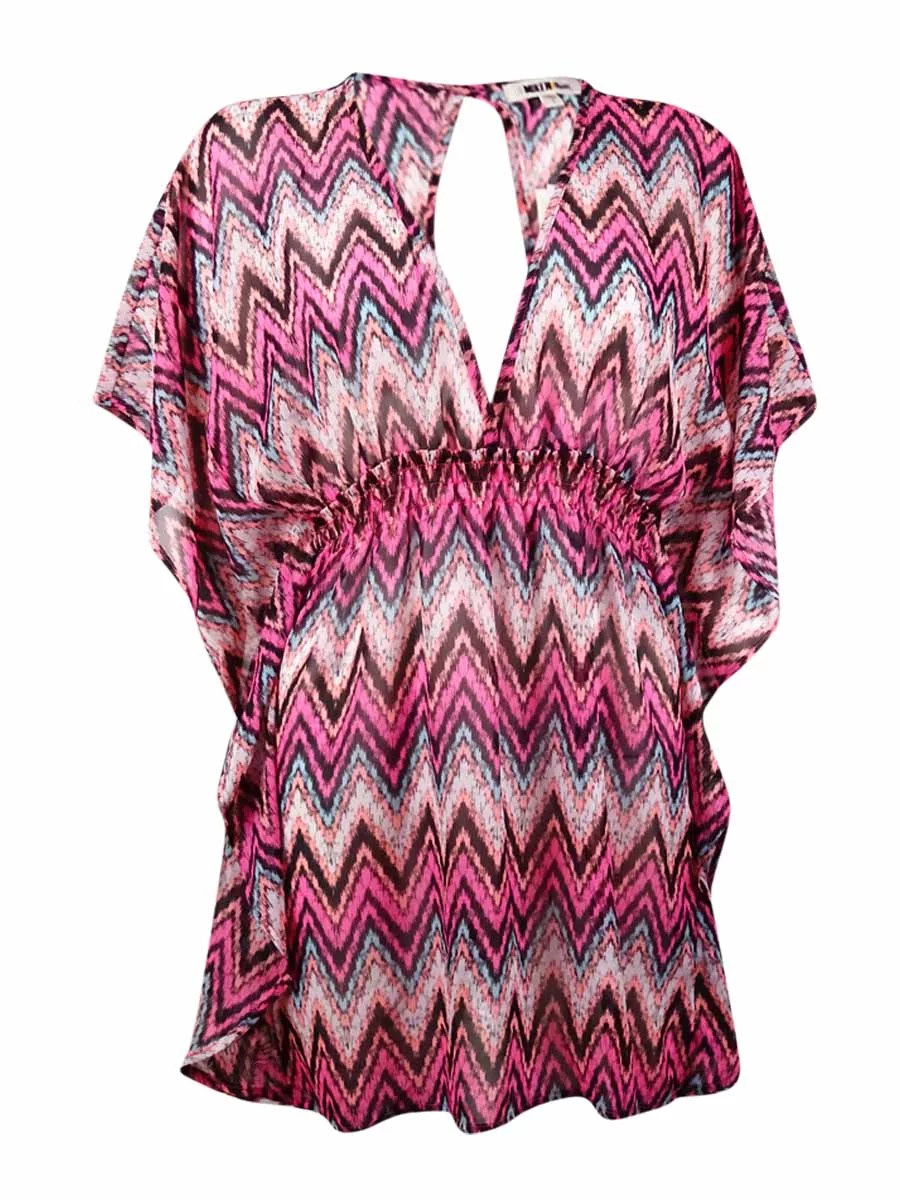 Miken Women's Chevron Keyhole Empire Chiffon Dress Swim Cover-Up (XL, Multi)