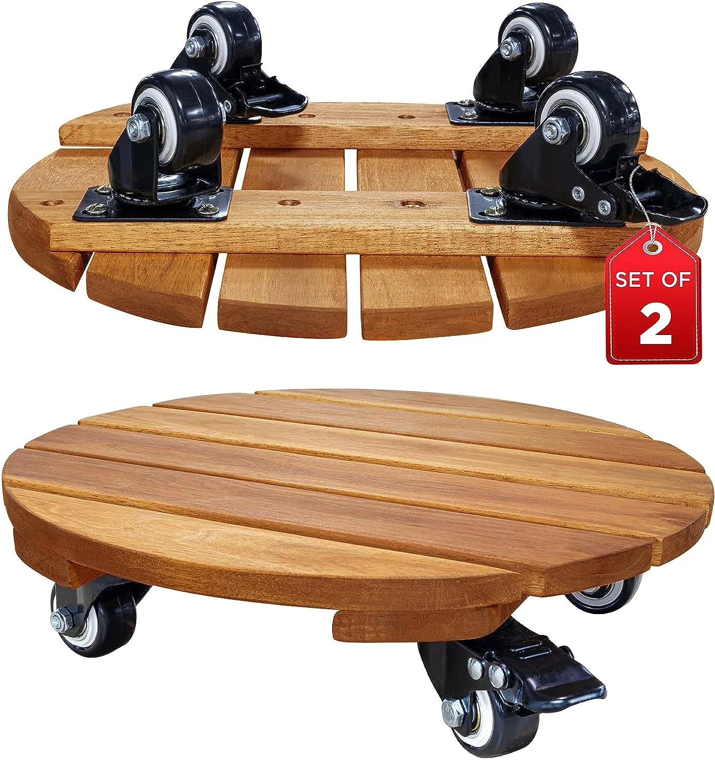 Terry 2 Pack - Round Wood Plant Caddy 12 in. with 360�� Lockable Wheels Dolly Plant Pots - Brown