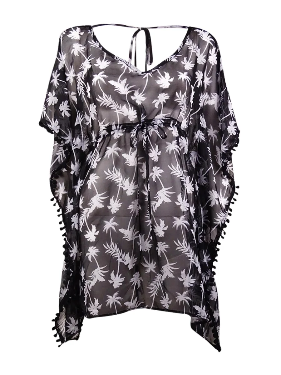 Miken Women's Pom-Pom Palm Kimono Swim Cover (S, Black/White)
