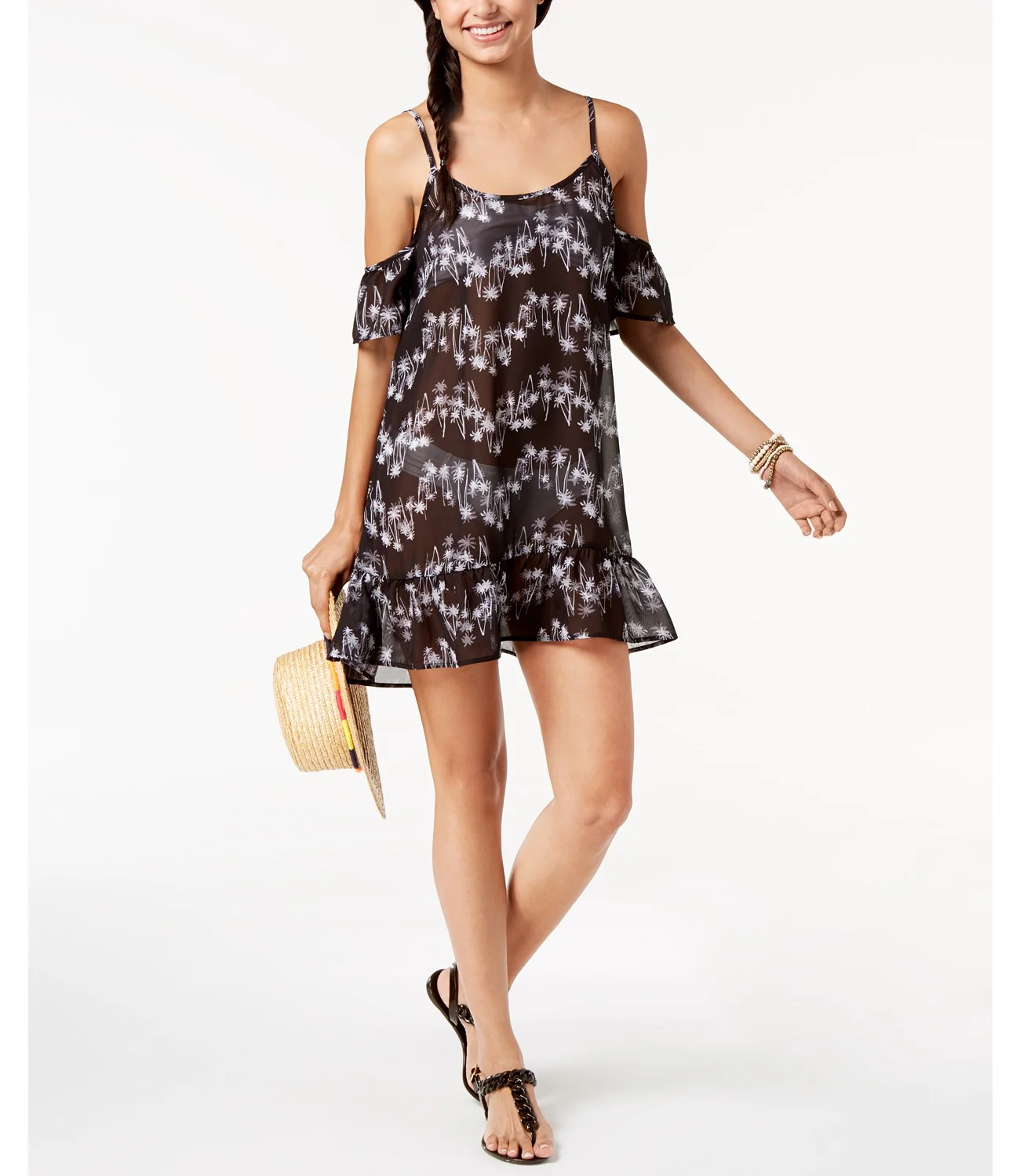 Miken Women's Strappy Cold-Shoulder Cover-Ups Swimsuit, Black, X-Small