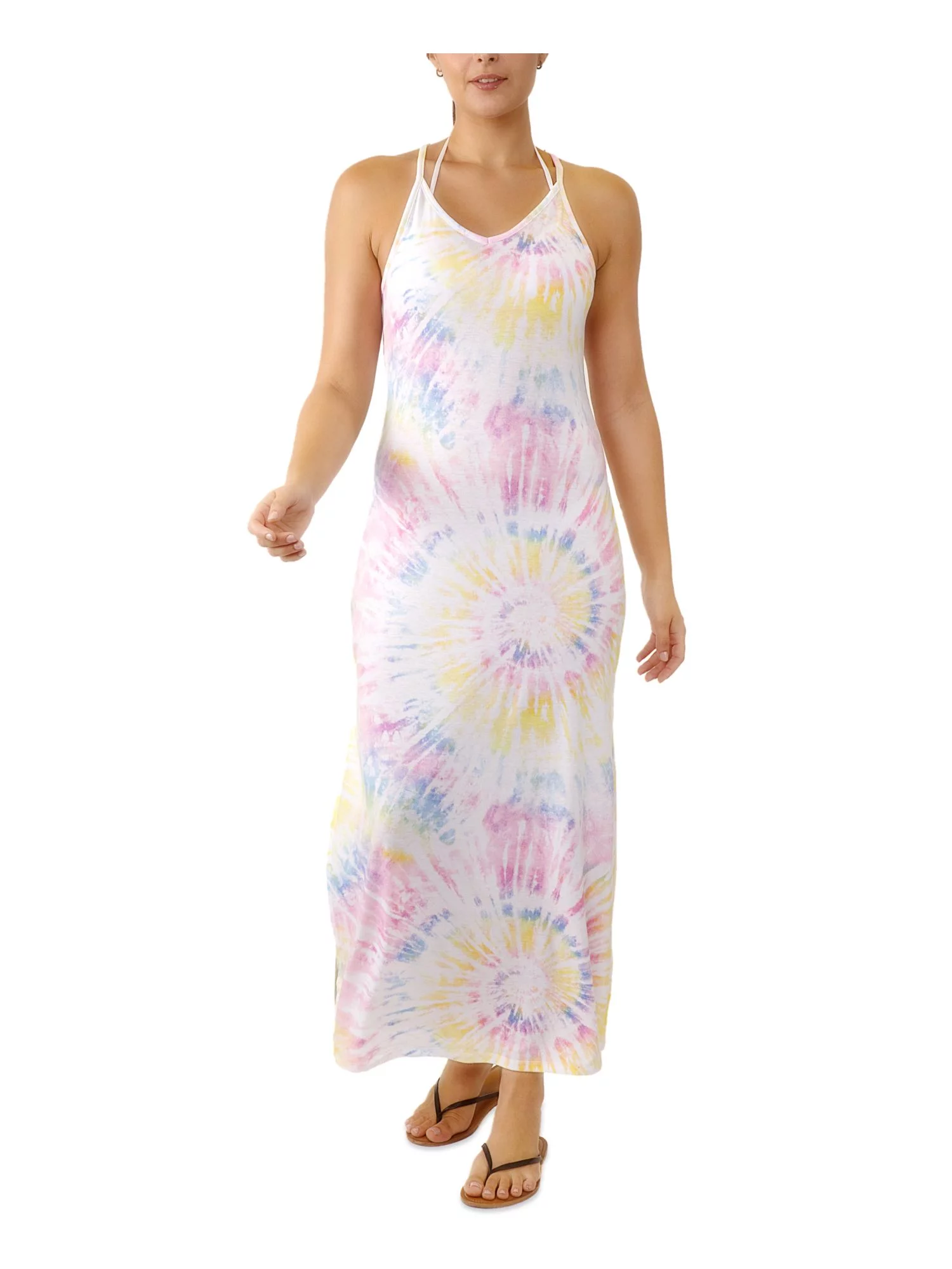 MIKEN Women's White Tie Dye Stretch Maxi Deep V Neck Adjustable Swimsuit Cover Up L