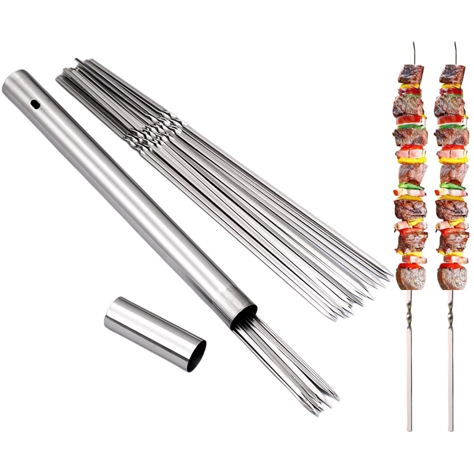 iMucci 304 Stainless Steel 13.2 Long Flat Barbecue Skewers, 20 Pcs BBQ Kebab Skewers Sticks with Portable Metal Storage Tube, Reusable for Grilling Barbecue Kitchen Party Outdoor Cooking