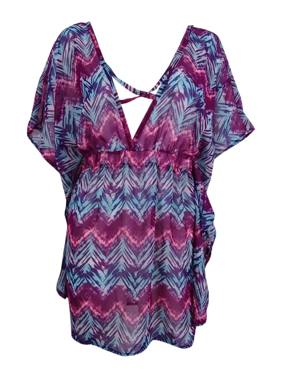 Miken Womens Chevron-Print Cross-Back Poncho Dress Swim Cover-Up (Multi, L)