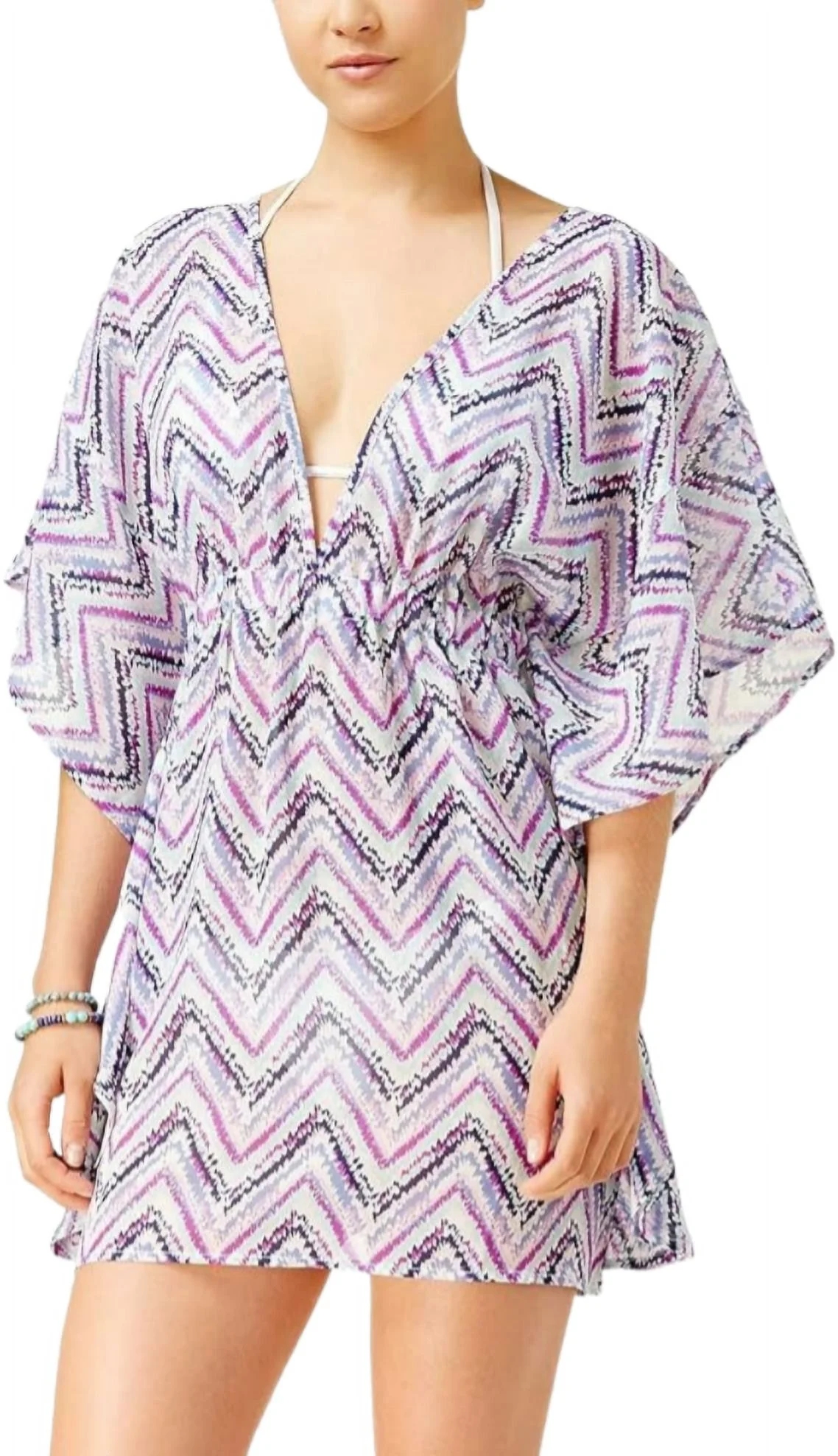 Miken Womens Chevron Kimono Dress Swim Cover-Up, Purple, Small