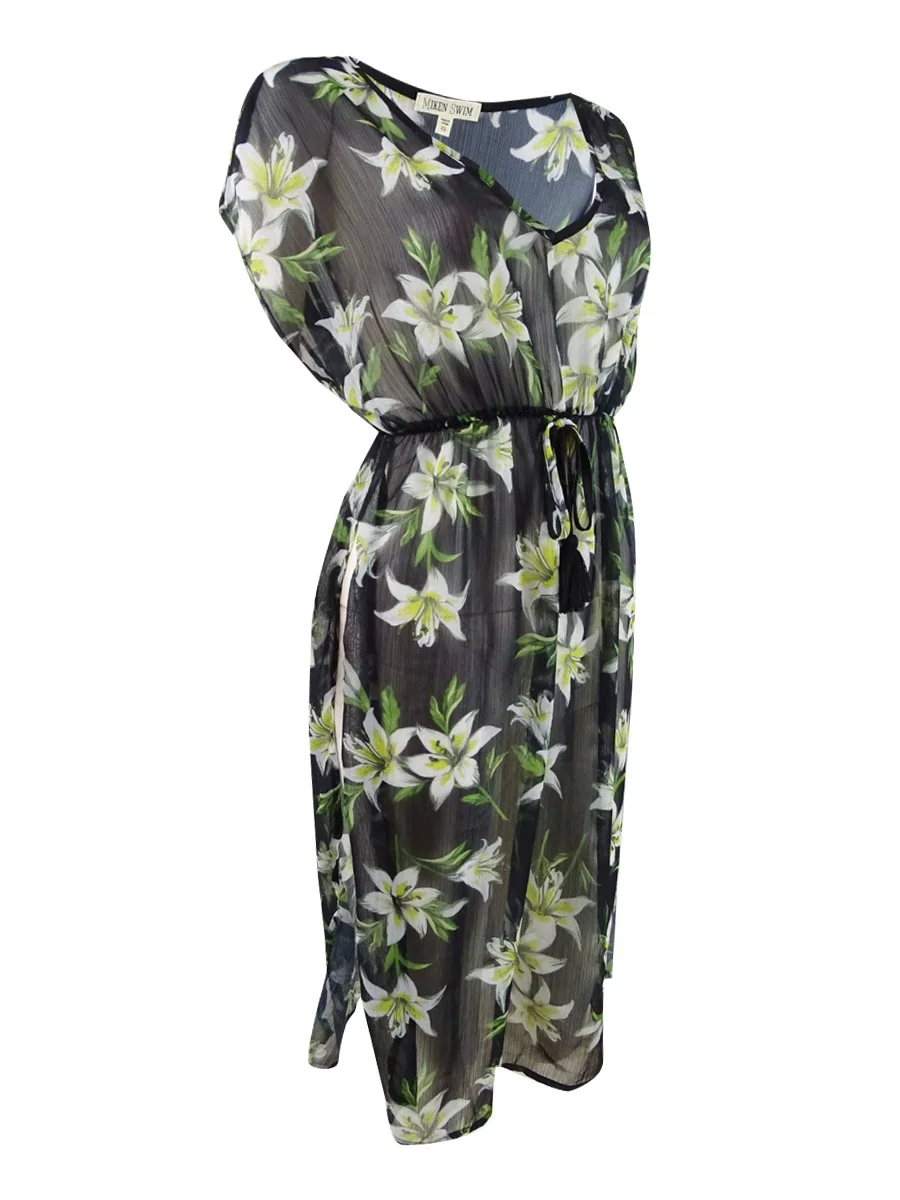 Miken Women's Printed Sheer Dress Swim Cover-Up (S, Black/Green)