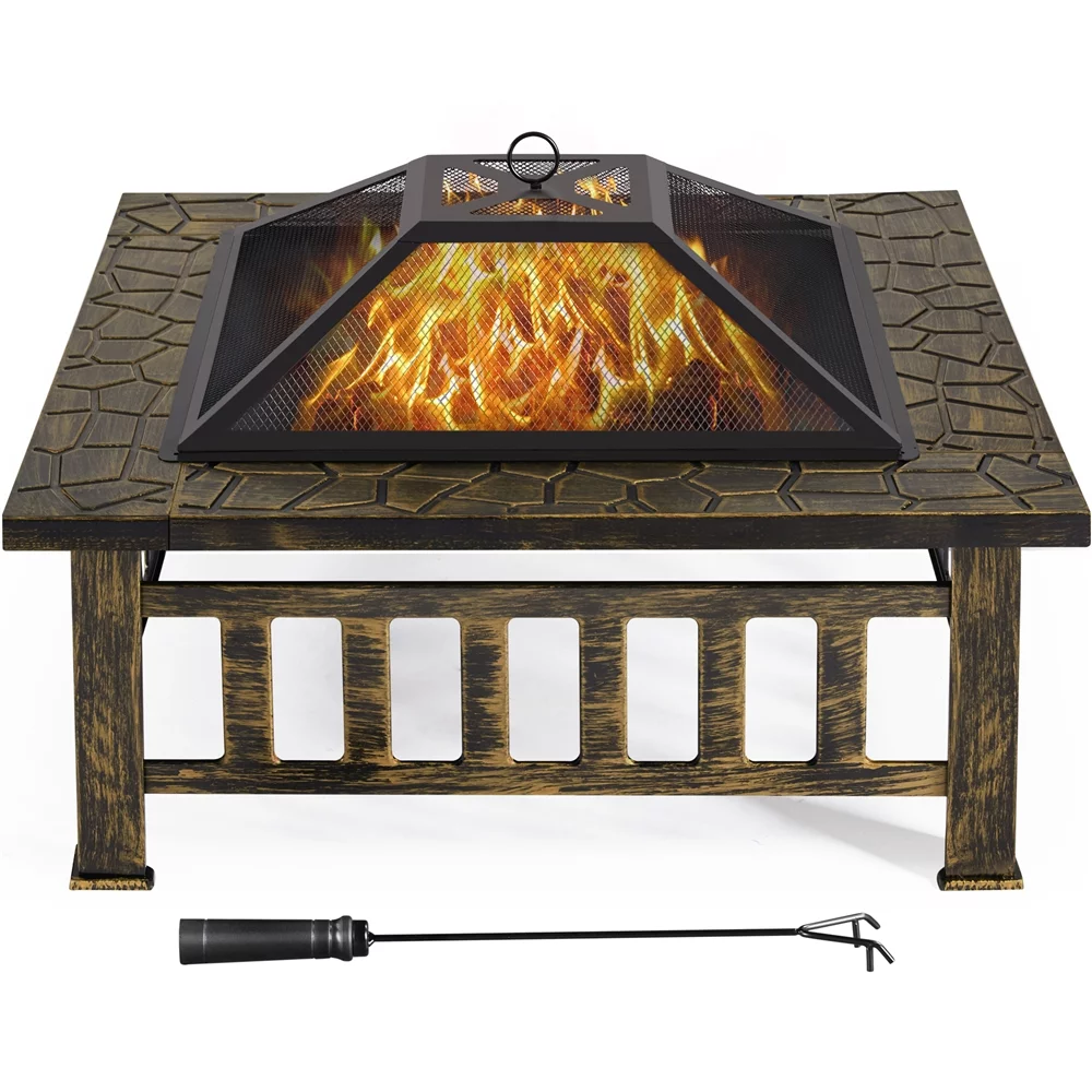 Easyfashion 34'' Outdoor Square Fire Pit w/Cover & Poker, Bronze
