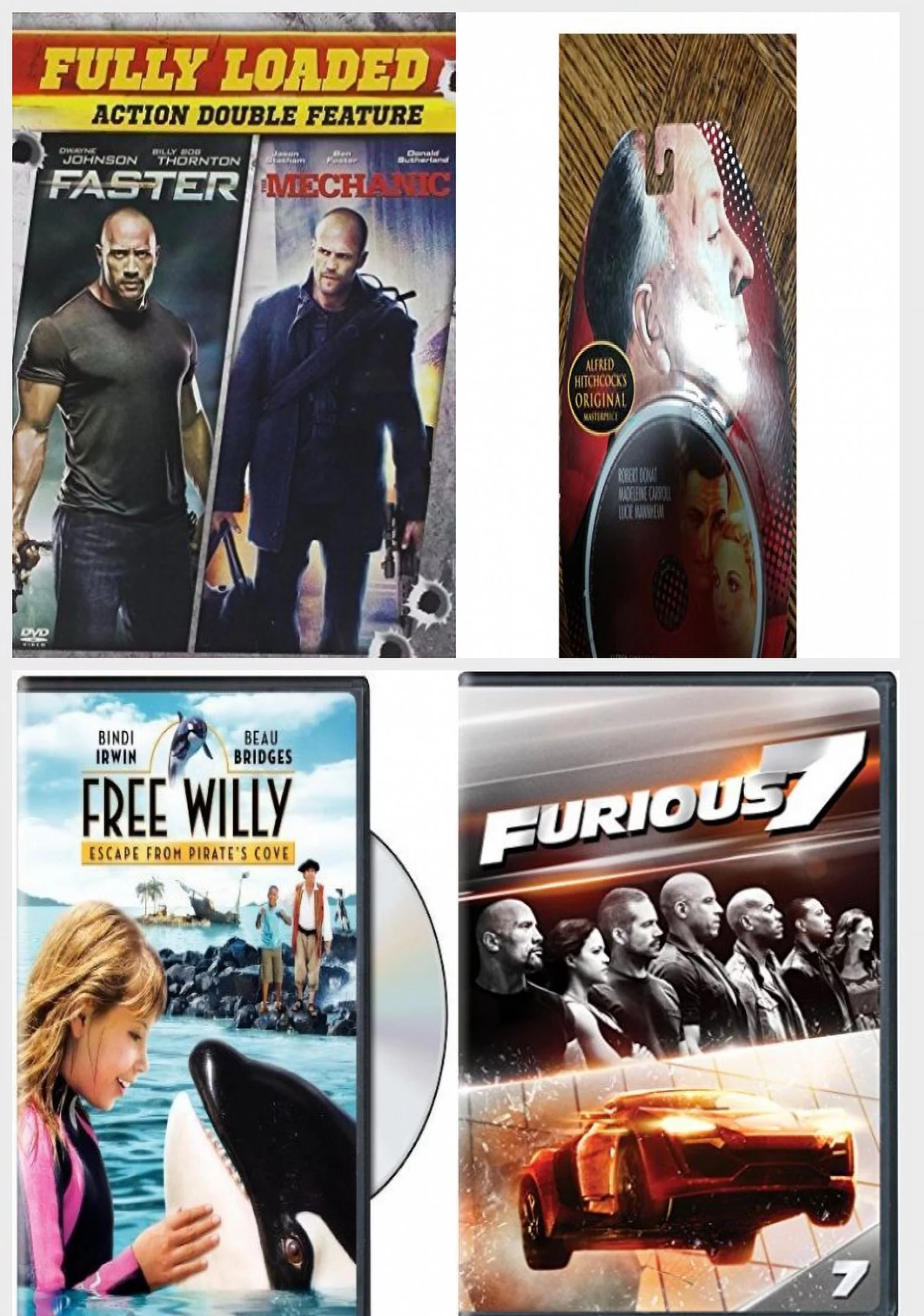Assorted 4 Pack DVD Bundle: 2 Movies: Faster, The Mechanic, The 39 Steps Alfred Hitchcocks, Free Willy: Escape from Pirate's Cove, Furious 7