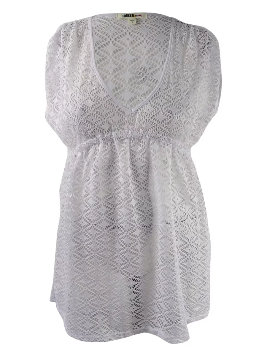 Miken Womens Crochet Empire-Waist Dress Swim Cover-Up (White, XS)