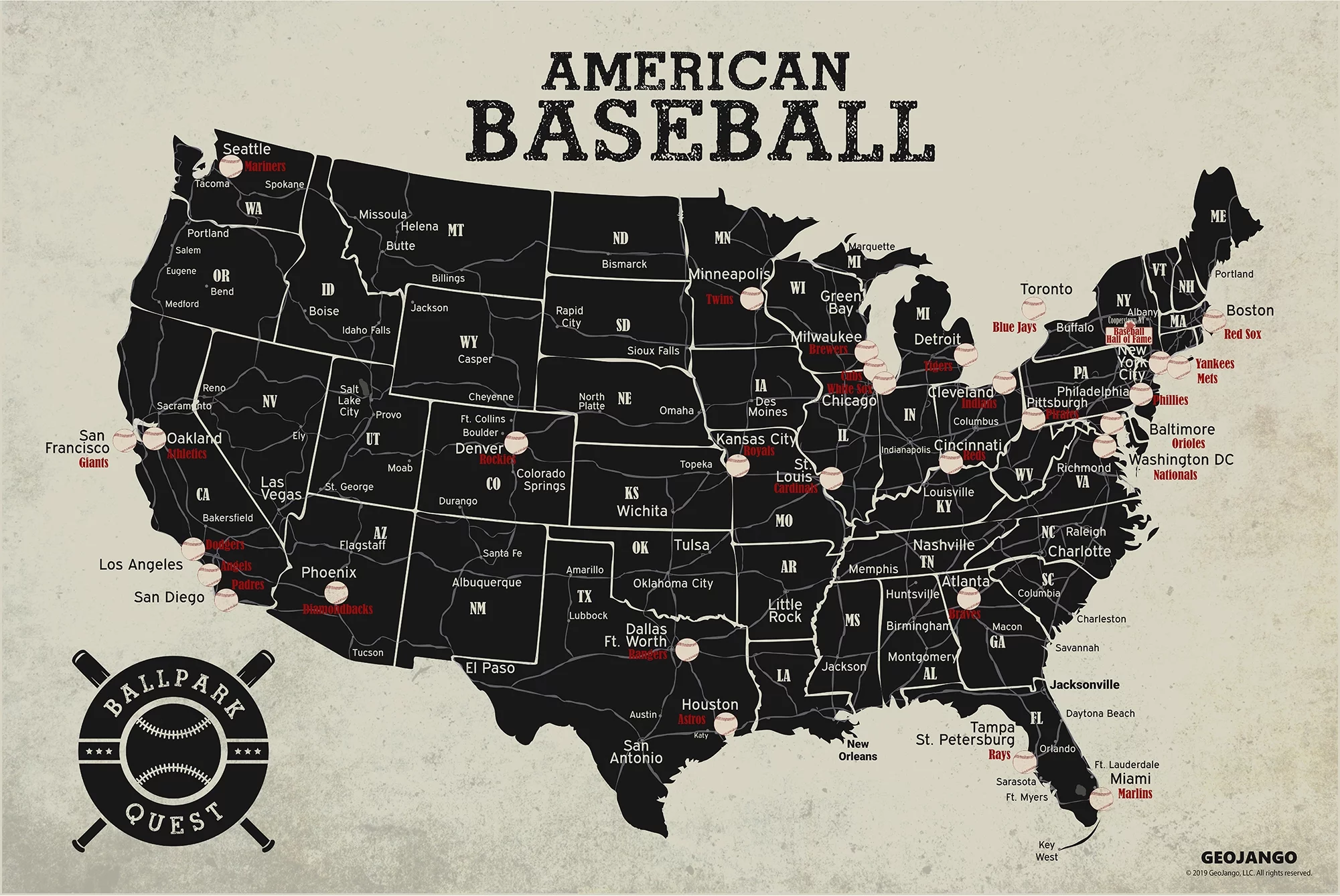 Baseball Stadium Map Poster Vintage Edition 24x16 inches