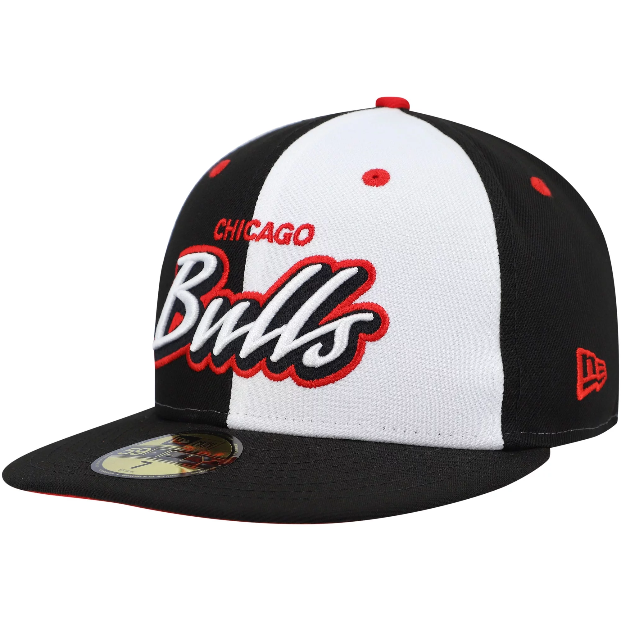 Men's New Era Black/White Chicago Bulls Script Pinwheel 59FIFTY Fitted Hat