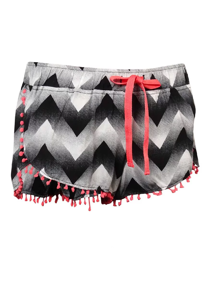 Miken Women's Pom-Pom Trim Chevron Swim Cover Shorts (S, Black/White)