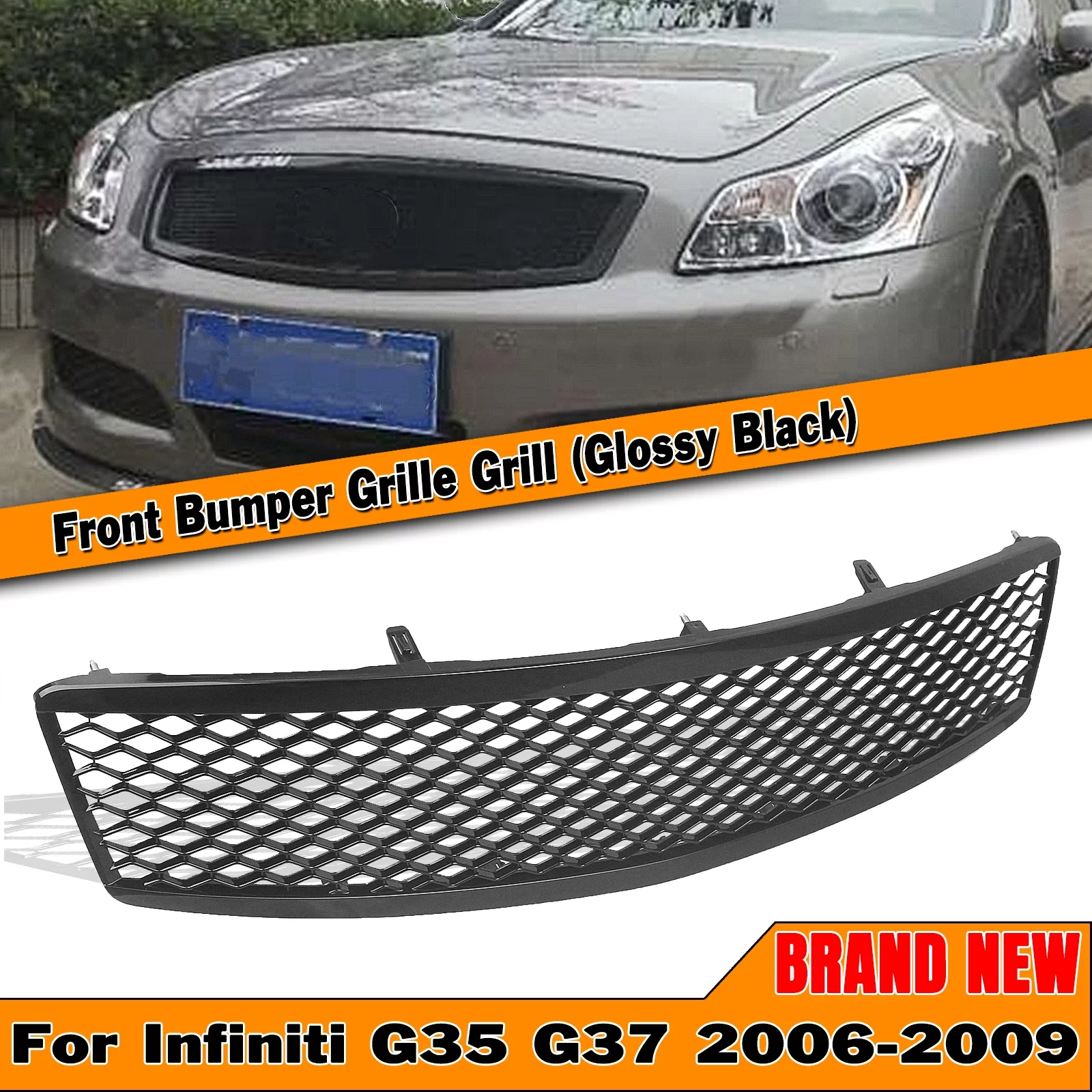 IDENUONA Front Grill Grille Mesh For Infiniti G35 G37 2006-2009 Sedan Gloss Black
