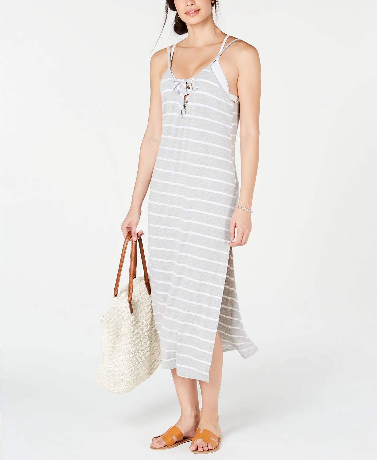 Miken Women's Striped Dress Swim Cover-Up (L, Heather Grey/White)