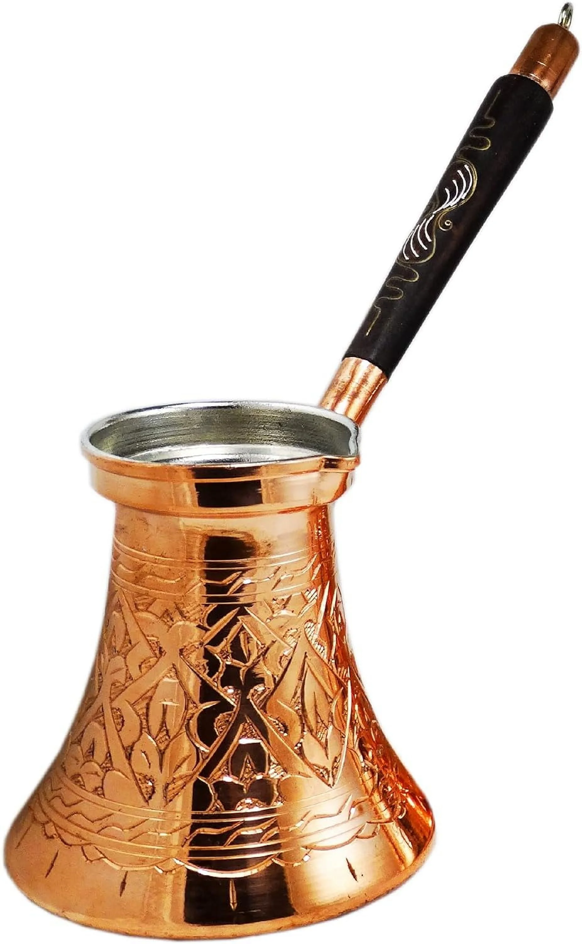 Hand Engraved And Decorated Turkish Greek Arabic Copper Coffee Stovetop Coffee Maker Cezve Ibrik Briki With Wooden Handle (Type52, Size B)