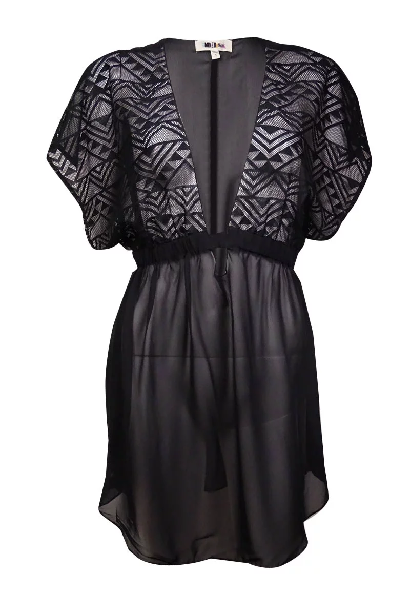 Miken Women's Crochet-Sleeves Chiffon V-Neck Swim Cover (XS, Black)