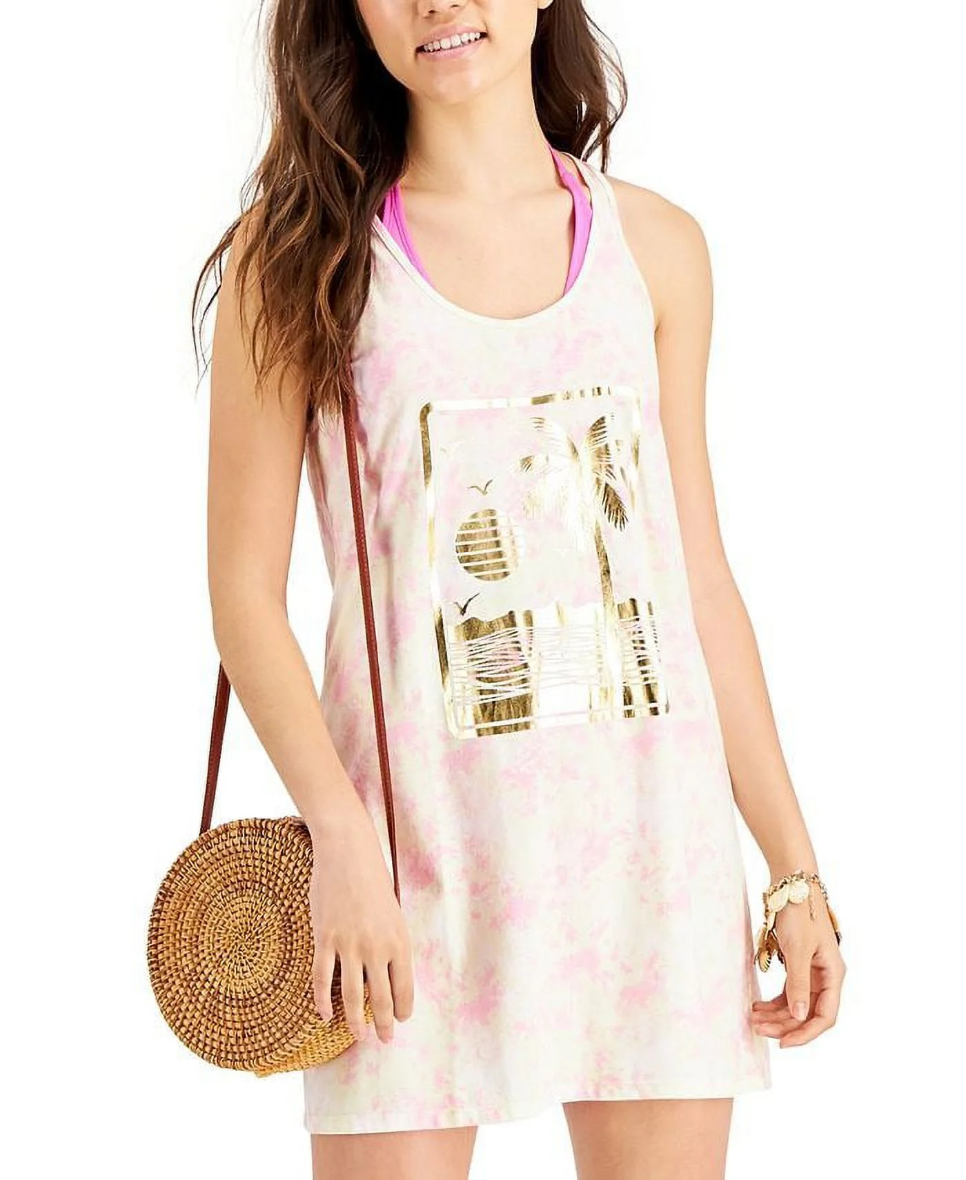 Miken PINK TIE DYE Juniors' Graphic-Print Cotton Cover-up Swim Dress, US Small