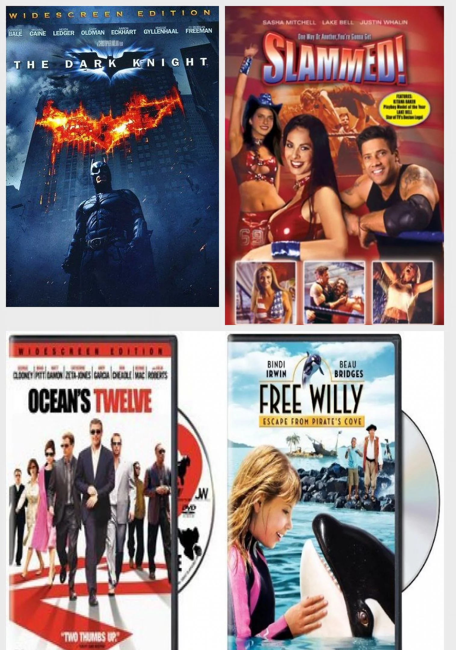 Assorted 4 Pack DVD Bundle: The Dark Knight, Slammed!, OCEANS TWELVE MOVIE, Free Willy: Escape from Pirate's Cove