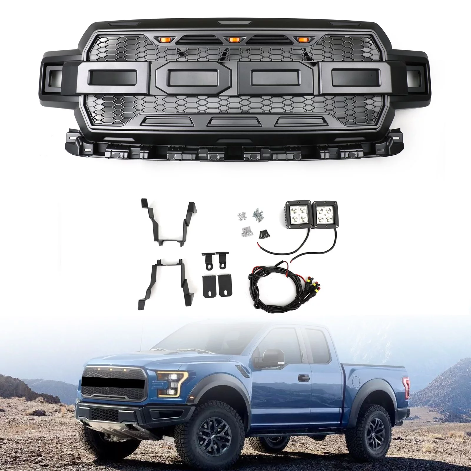 Honeycomb Grill Amber LED Raptor Style Grill Grille Fit for Ford F150 2018-2020