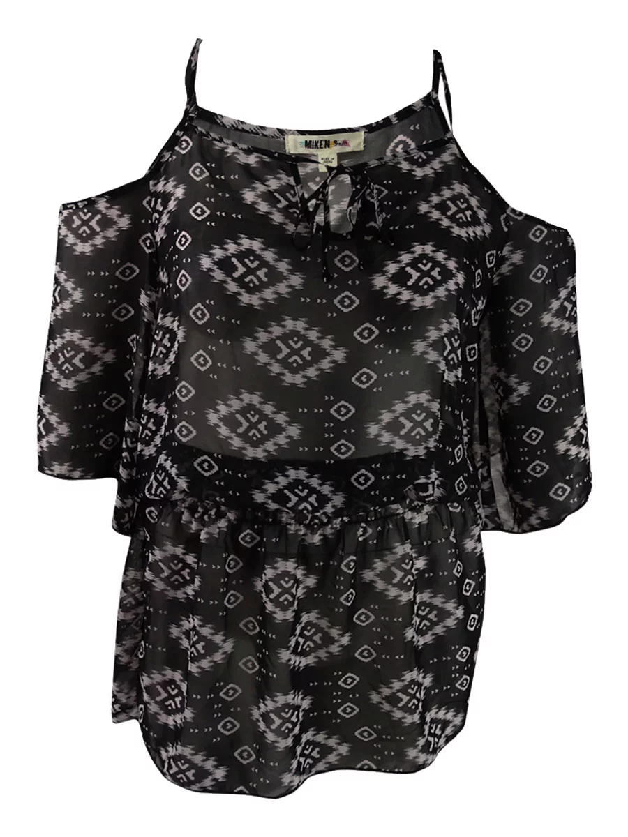 Miken Womens Printed Cold-Shoulder Dress Swim Cover-Up (Black/White, M)
