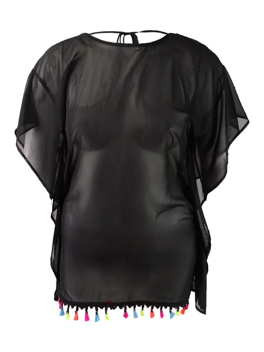 Miken Womens Scoop-Back Tassel-Trim Poncho Dress Swim Cover-Up (Black, S)