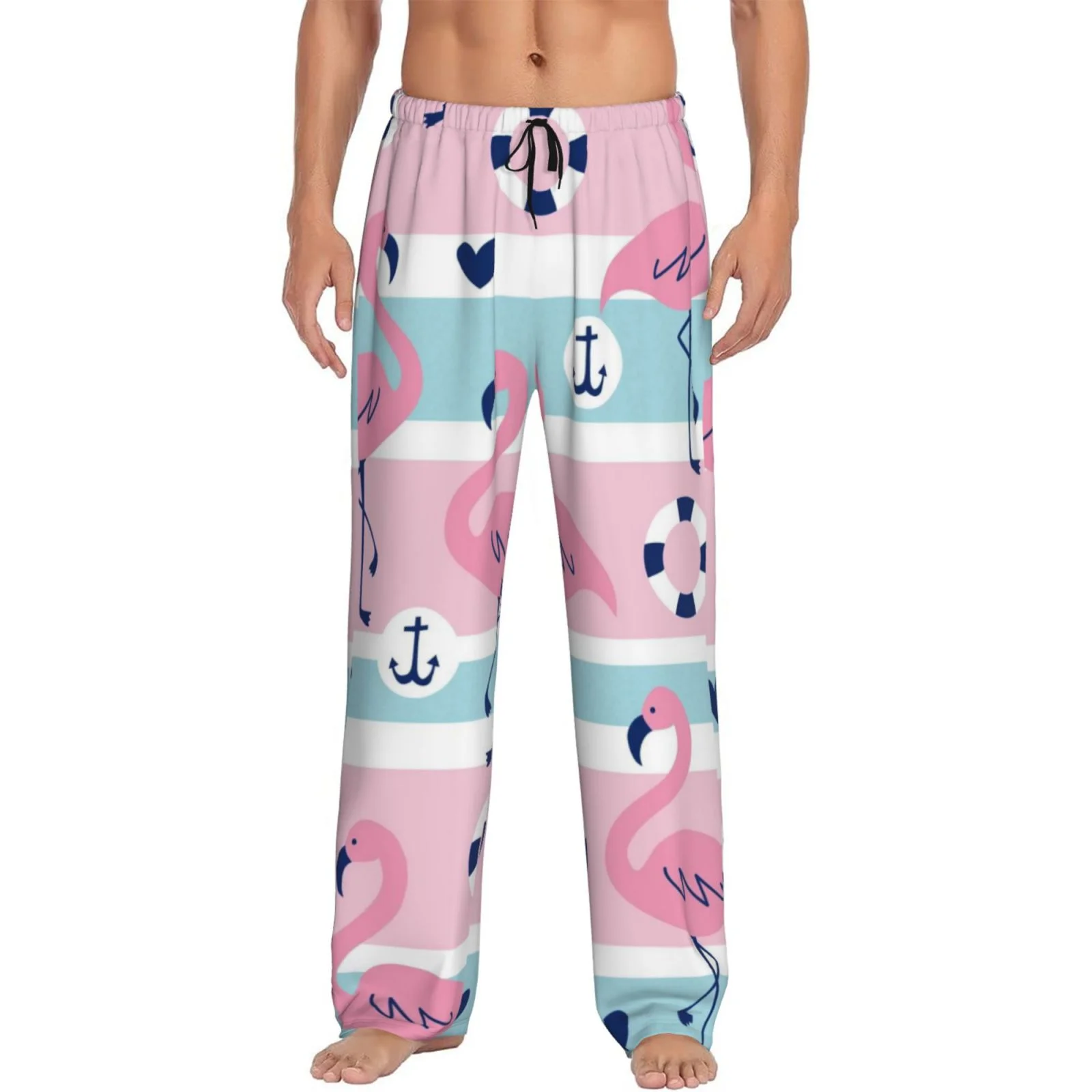 Junzan Men'S Pajama Pants Pink Striped Flamingo Sleepwear Pants Pj Bottoms Drawstring And Pockets