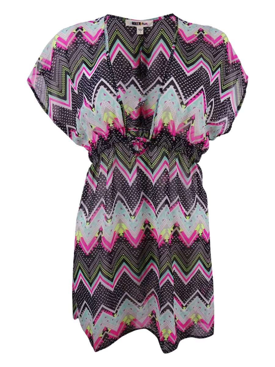 Miken Womens Chevron-Print Chiffon Dress Swim Cover-Up (Black Multi, XS)