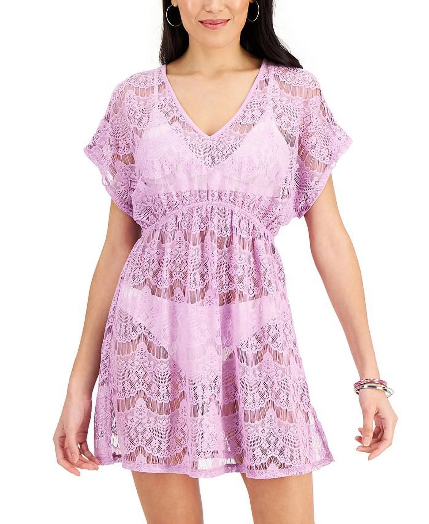 Miken Junior's Lace Cold Shoulder Swim Cover Up Swimsuit Purple Size Medium