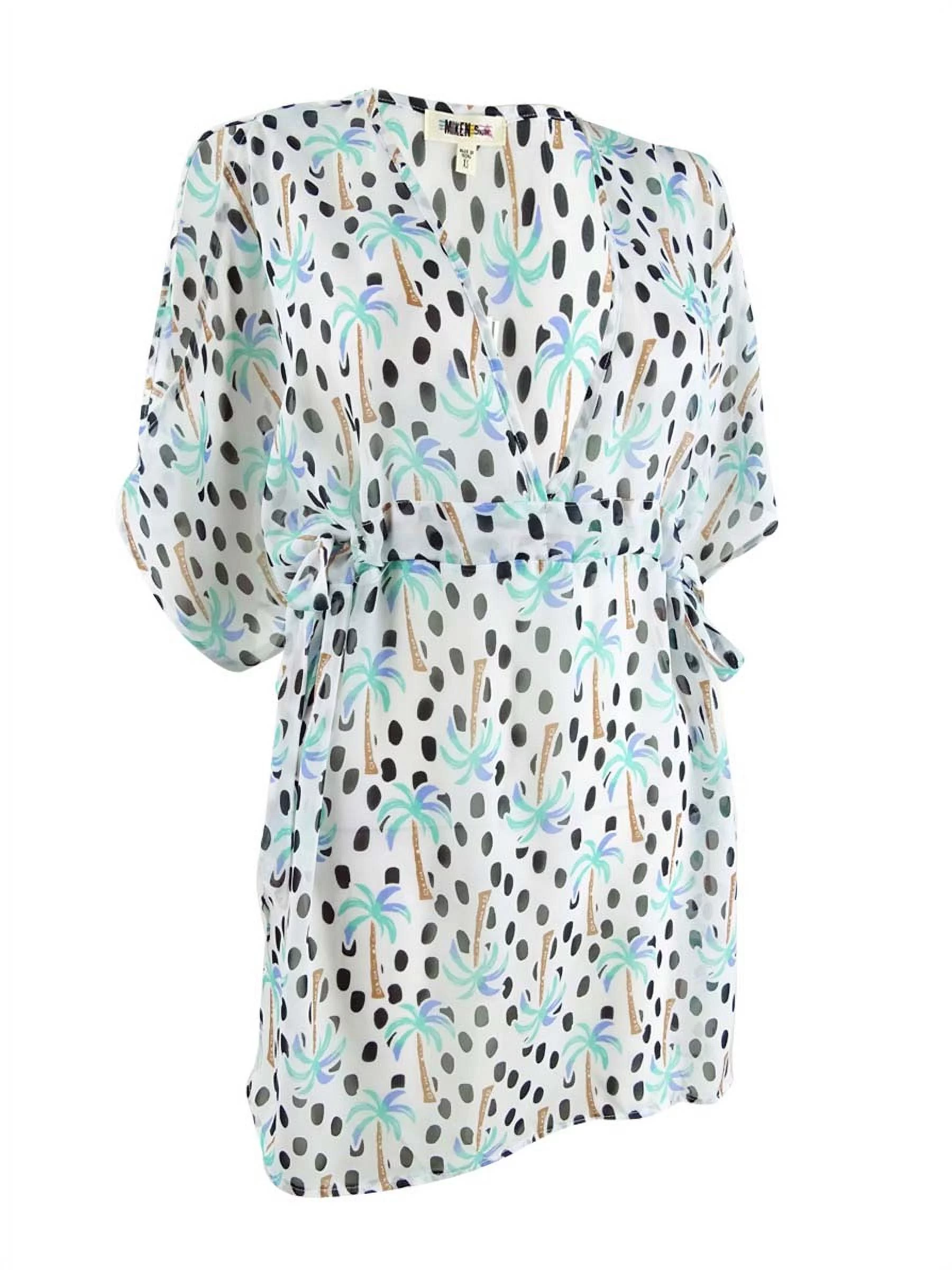Miken Women's Printed Split-Sleeve Dolman Dress Swim Cover-Up (M, White Aqua)