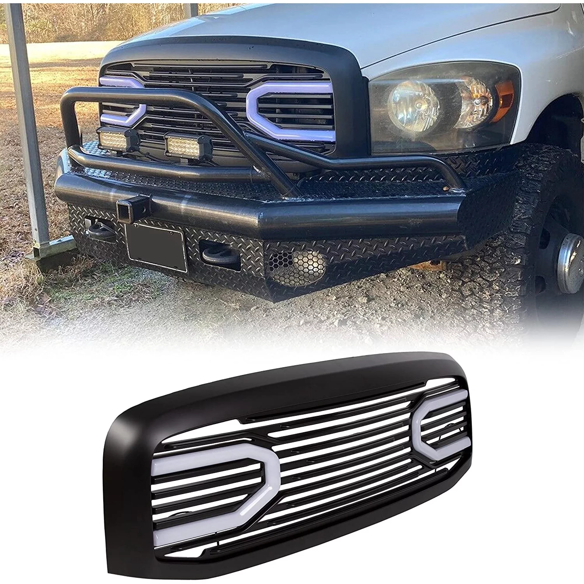 Kojem Black W/Light Front Hood Big Horn Grille Replacement Shell Grill Compatible with 2006-2009 Dodge RAM 1500 2500 3500