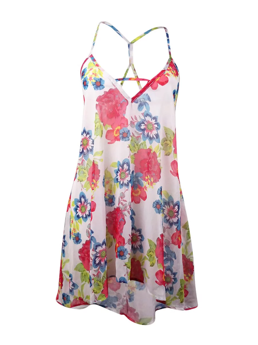 Miken Women's Floral Spaghetti Chiffon Swim Coverup (S, White/Coral)