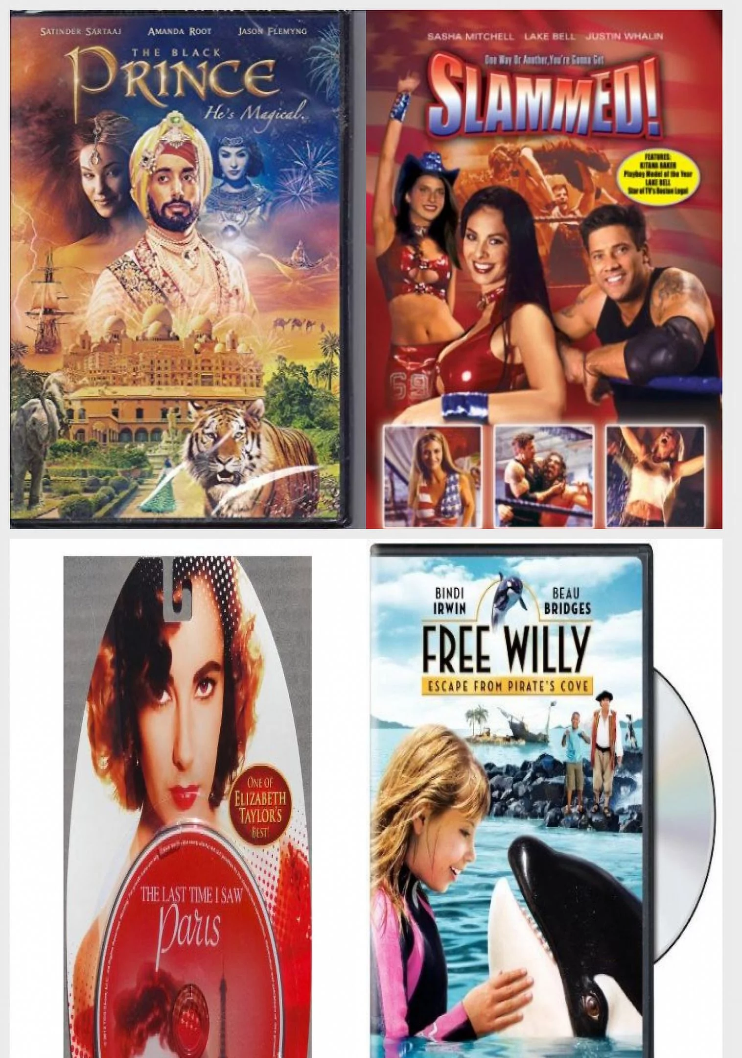 Assorted 4 Pack DVD Bundle: The Black Prince, Slammed!, The Last Time I Saw Paris, Free Willy: Escape from Pirate's Cove
