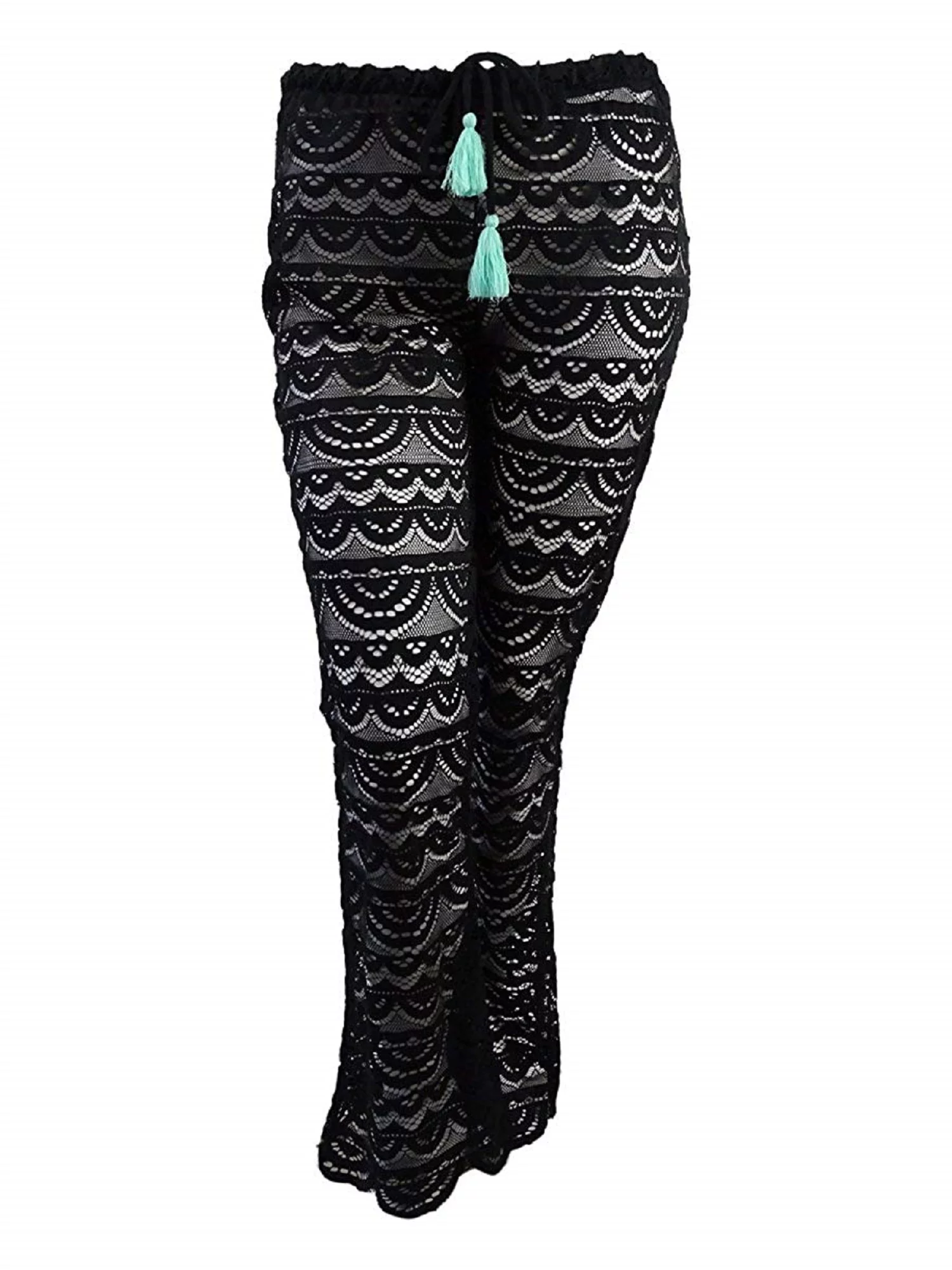 Miken Womens Scalloped Crochet Pants Swim Cover-Up (Black, XS)