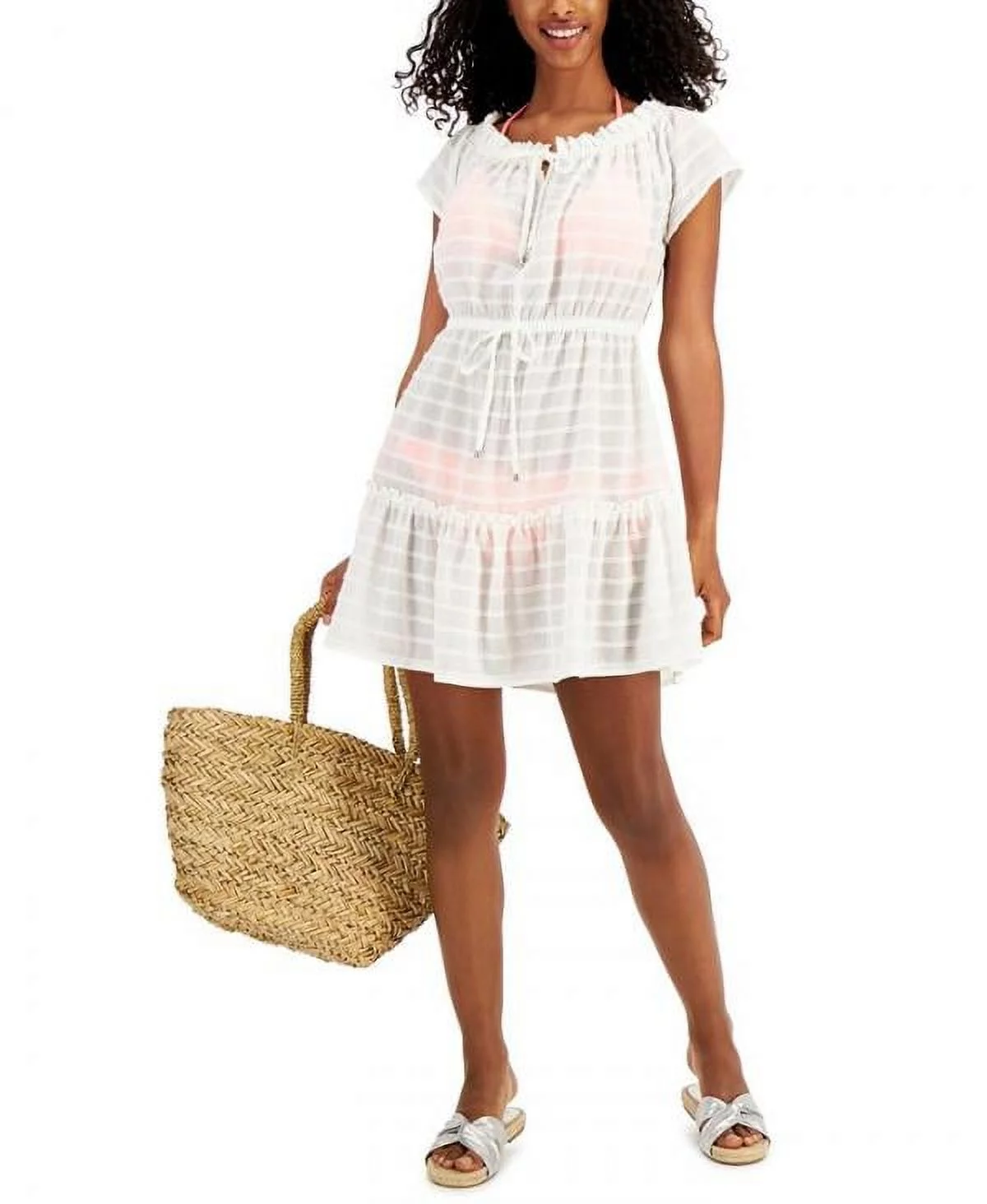 MIKEN Women's Ivory Off the Shoulder Drawstring Ruffled Swimsuit Cover Up M